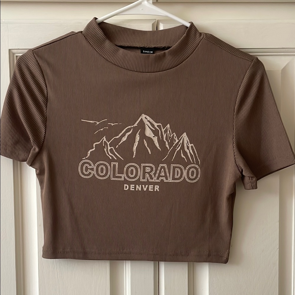 SHEIN Brown Graphic Crop T-Shirt with Mandarin Collar